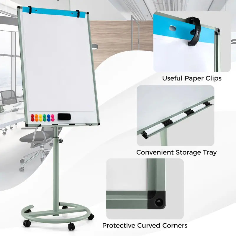 Height-Adjustable Mobile Dry Erase Board – 40″ x 26″ on Stable Round Wheeled Stand