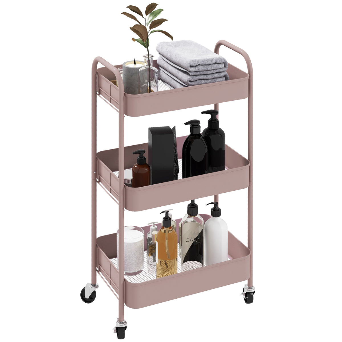 HOMCOM Küchenwagen mit 3 Ebenen, mit Griffen und 4 Rollen, aus Stahl, 45x30,6x79 cm, Rosa
