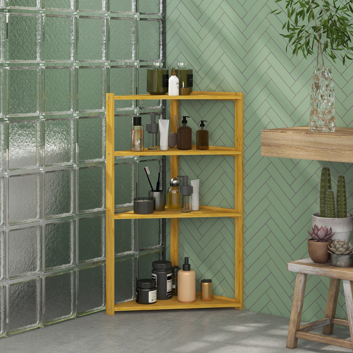 HOMCOM Möbel Bambus Eckregal mit 4 Ebenen auf Füßen - Badezimmerregal - dim. 37L x 34B x 79,5H cm