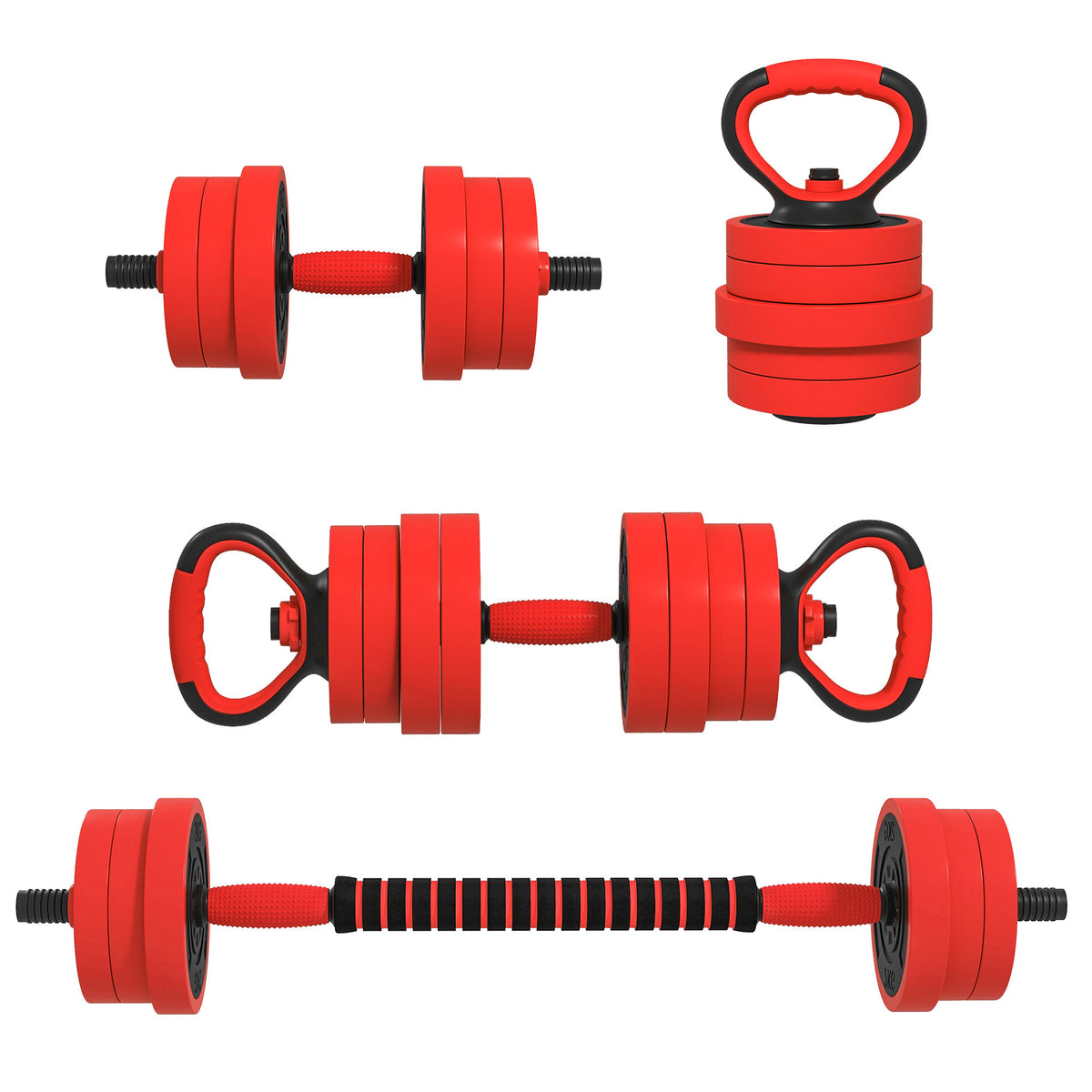 SPORTNOW Set Pesi da Palestra 4 in 1 da 20kg, in Kettlebell umwandelbar, 2 Hanteln, Langhantel und Liegestützgriff, Rot