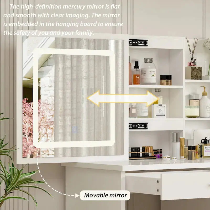 LED Vanity Desk Set – White Makeup Station with Illuminated Mirror and Matching Stool (39.4″ Wide)