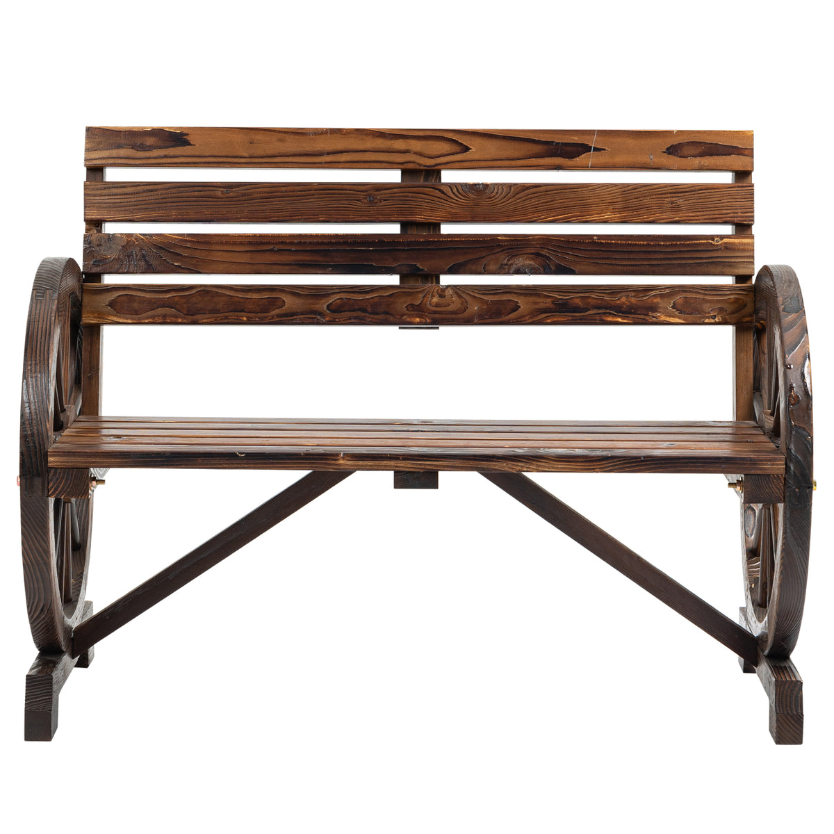 Outsunny Gartenbank, Wagenrad-Design, für 2 Personen, Naturholz, dunkelbraun, 105,5 x 56 x 79cm