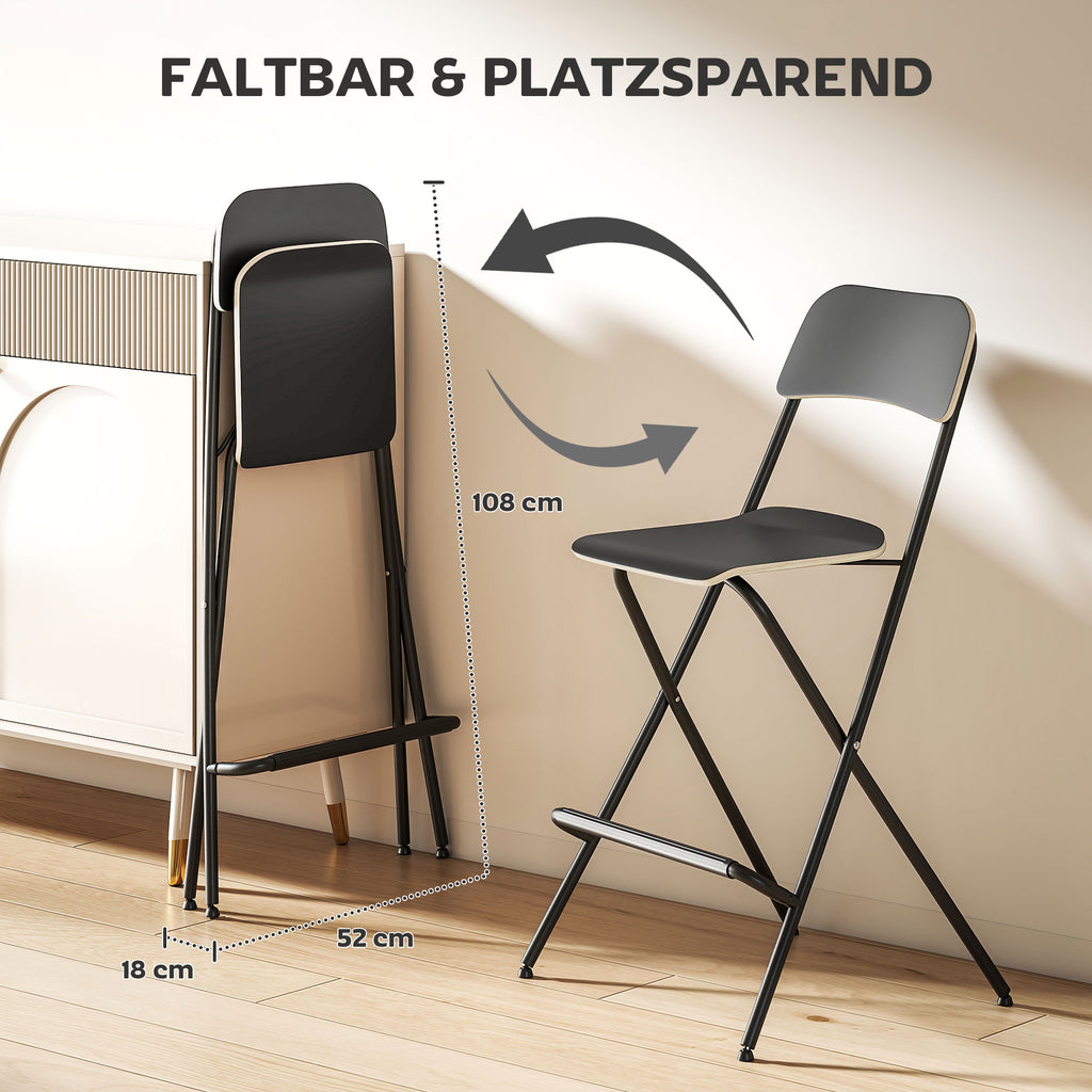 HOMCOM 2er-Set Barhocker, klappbare Barstühle mit Stahlrahmen, für Küche, Esszimmer, Schwarz