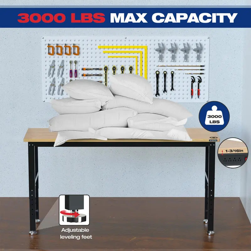 WORKPRO 72-Inch Heavy-Duty Adjustable Workbench – 3000lb Load Capacity with Built-in Power Outlets