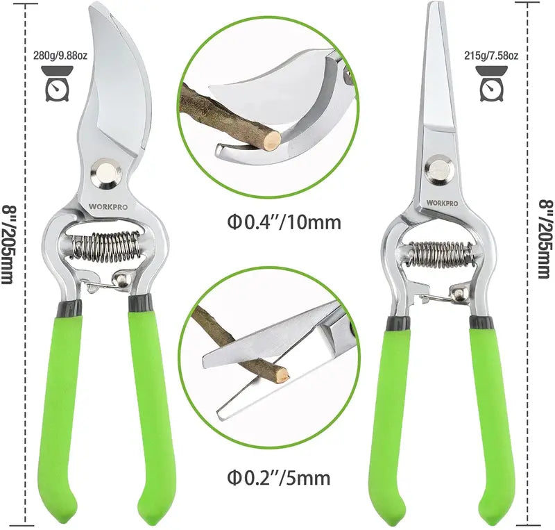 WORKPRO Dual-Purpose Pruning Shears Set – 8″ Bypass & Straight-Blade Hand Clippers
