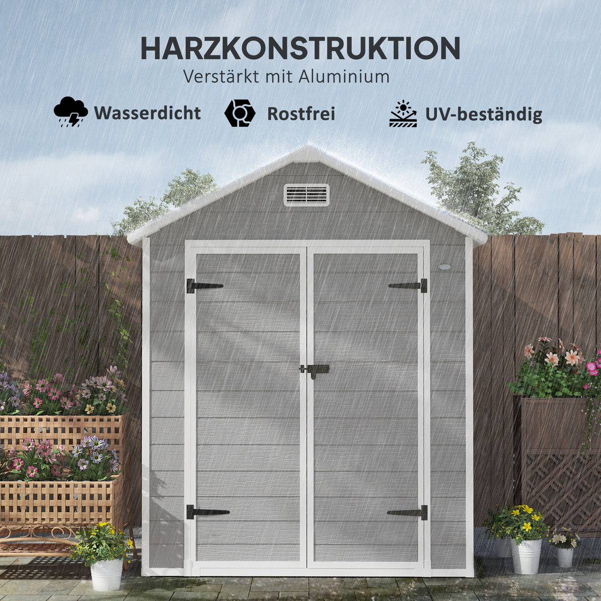 Outsunny Gartenschuppen, Geräteschuppen mit Boden, verschließbare Türen, Lüftungsöffnungen, Fenster, Holzoptik, Kunststoff, Grau