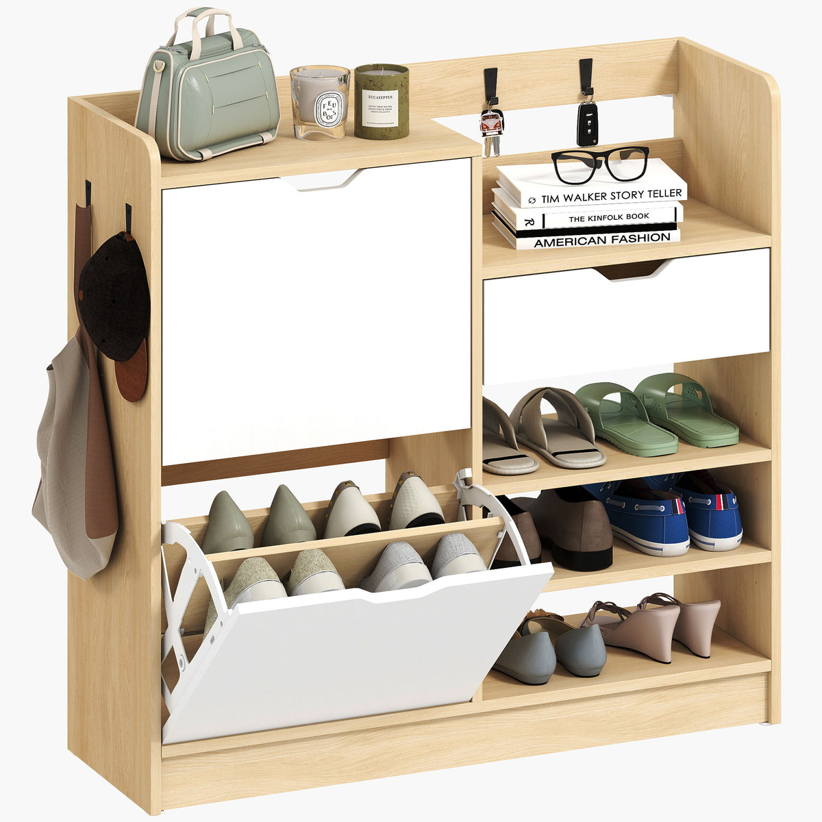 HOMCOM Schuhregal für Flur, Schuhschrank mit Kippschubladen, offenen Regalen, 4 Haken, für bis zu 14 Paar Schuhe, Natur