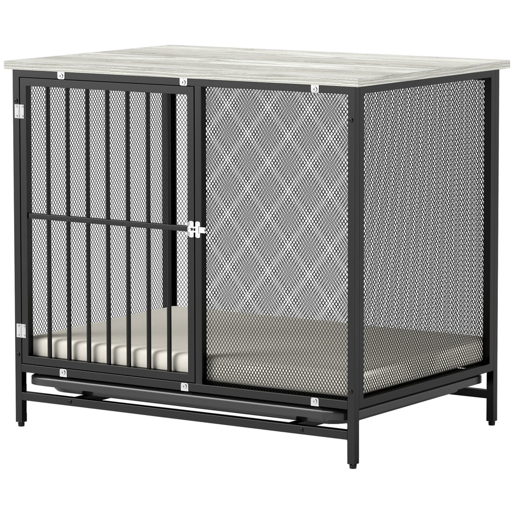 PawHut Hundebox mit gepolsterter Liegefläche, erhöhte Bodenwanne, verstellbare Füße, 80x55x71 cm, Eiche/Schwarz