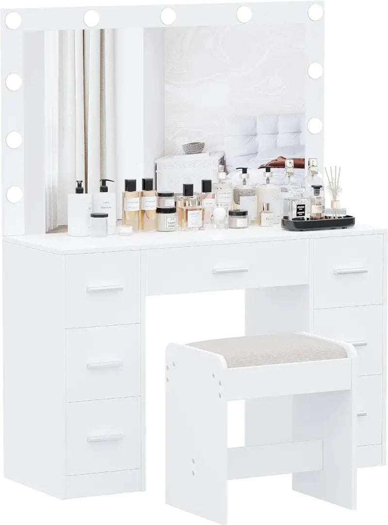 Lighted Vanity Desk Set – Adjustable Brightness Makeup Table with 3-Color LED Mirror & Matching Stool