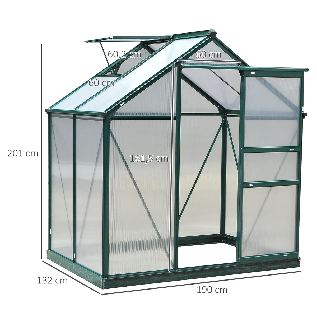 Outsunny Gewächshaus mit Dachfenster Aluminium Treibhaus 190 cm x 132 cm x 201 cm Grün + Transparent