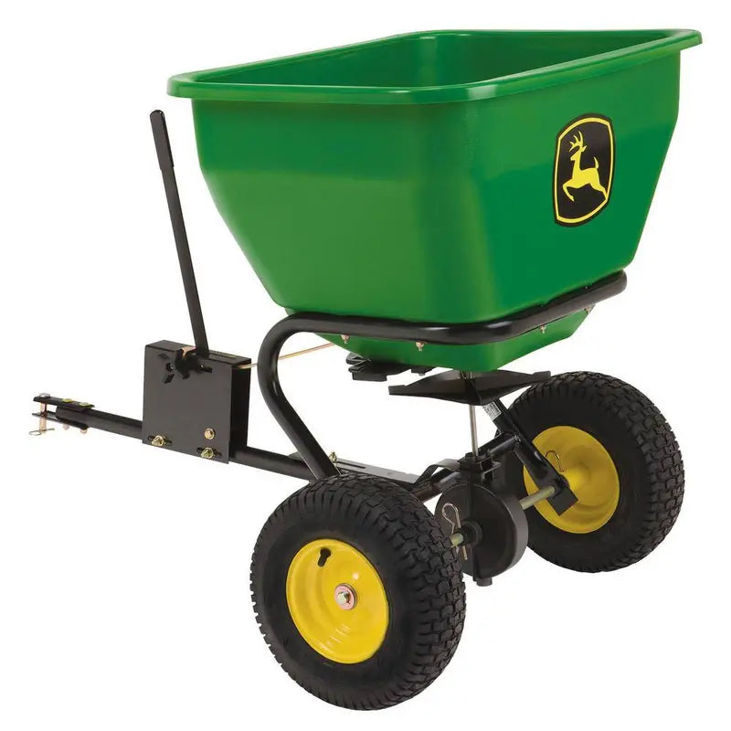 John Deere 175 lb Tow-Behind Broadcast Spreader – Rustproof Poly Hopper, Universal Hitch Compatibility