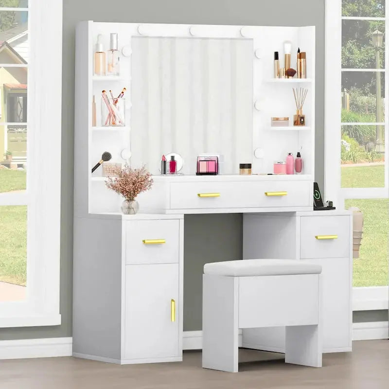 Lighted Vanity Console with Integrated Outlets – 55.1″H Mirror Dresser