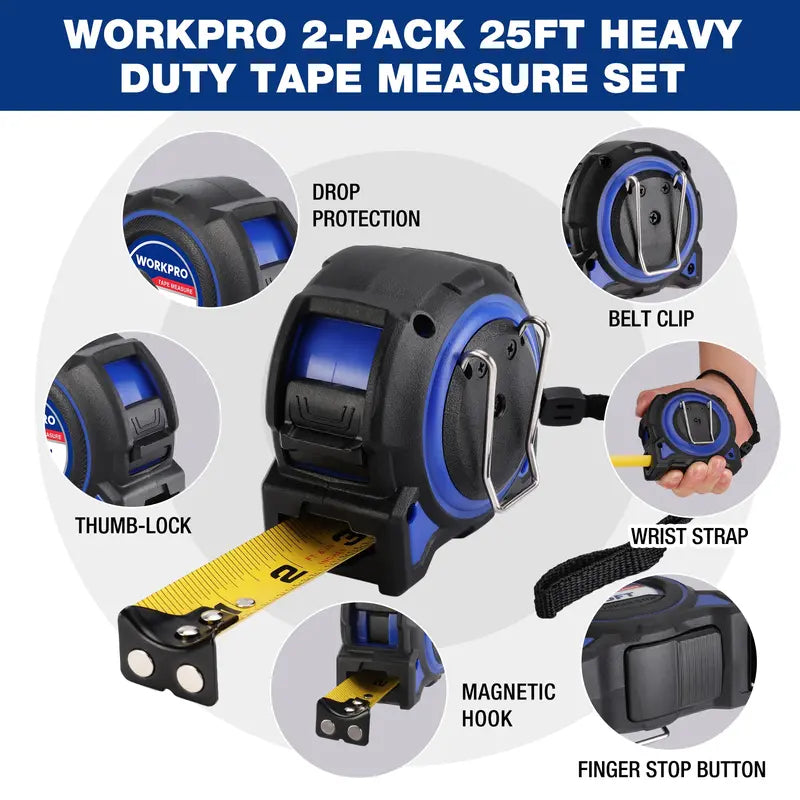 WORKPRO 25-Foot Heavy-Duty Retractable Tape Measure (2-Pack) – Precision 1/32″, Magnetic Tip