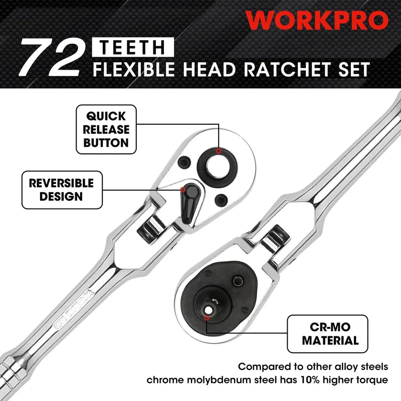 WORKPRO Flex-Head Ratchet Set — 2 or 4-Piece, Multiple Drive Sizes Including Stubby Options