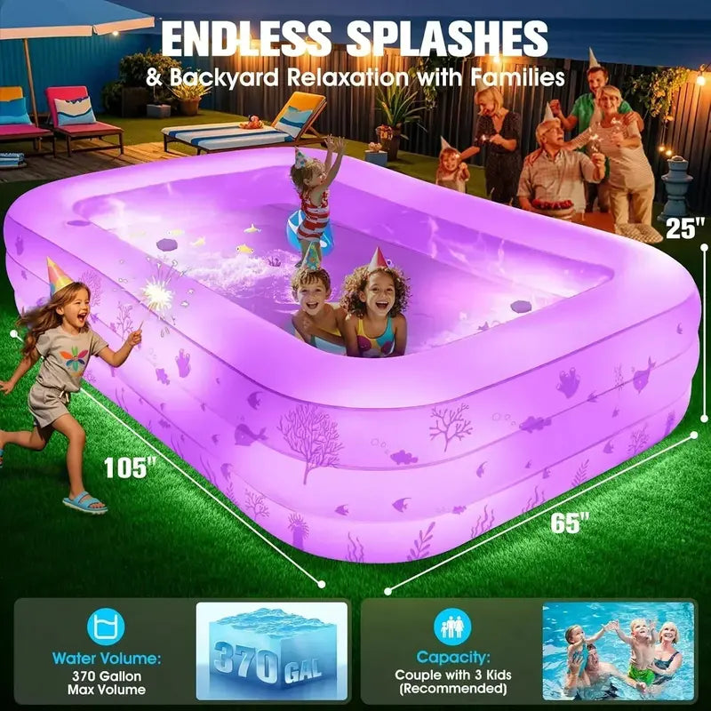 Lighted Family Inflatable Pool – Extra-Large with Integrated Seats & Waterproof LED Lighting