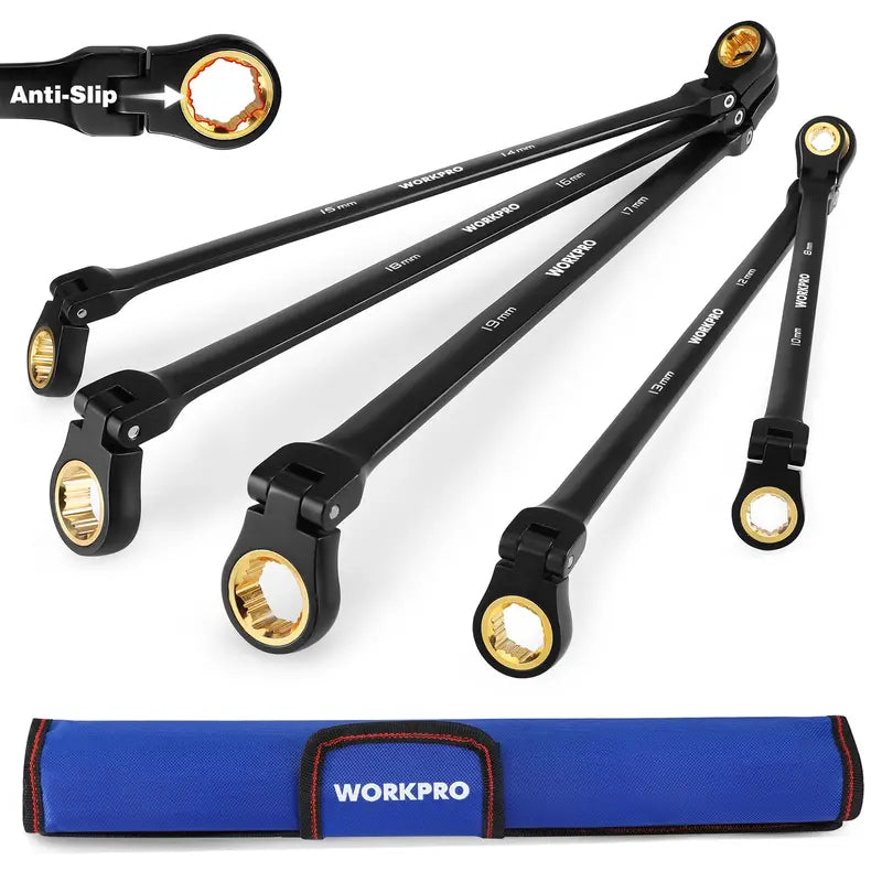 WORKPRO 5-Piece Extra-Long Flex-Head Ratcheting Wrench Set — Metric Sizes 8–19 mm, Rolling Pouch Included