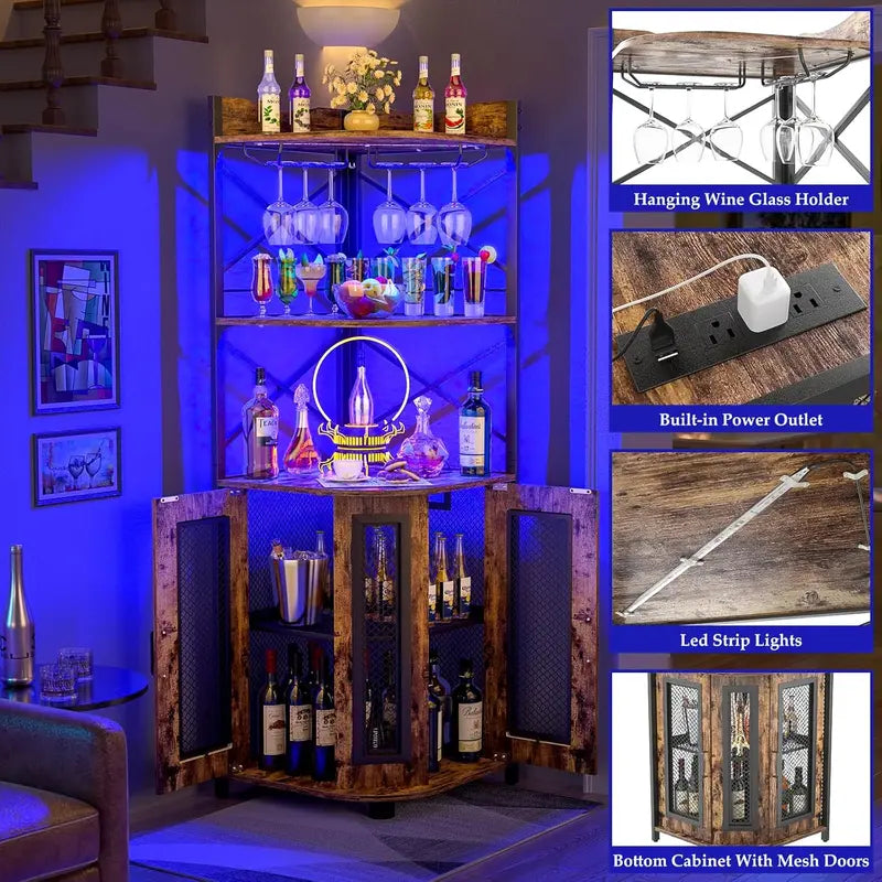 Industrial Corner Bar Cabinet – Power Outlet, LED Strip Lighting, and Wall-Mounted Glass Rack