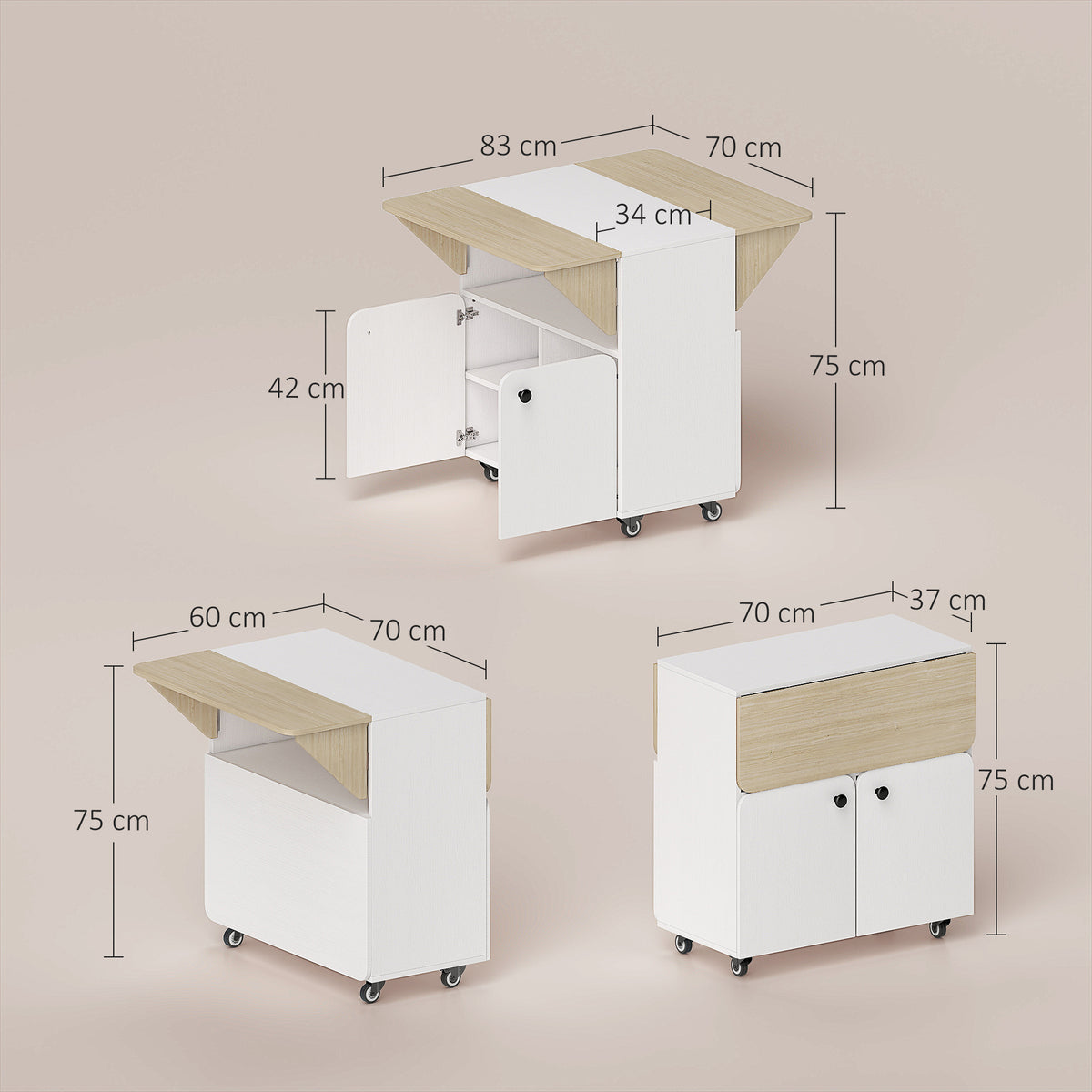 HOMCOM Klapptisch Rollschrank, zwei klappbare Tischseiten, Schrankfach, 4 Rollen, Weiß+Naturholz, 70 x 83 x 75cm