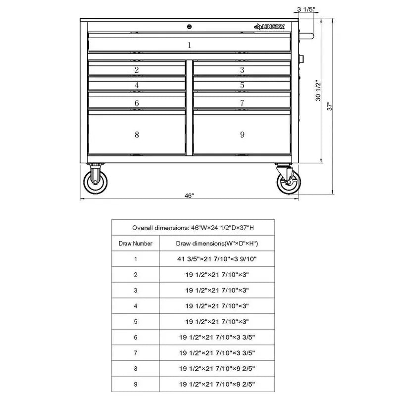 Husky 46″ 9-Drawer Gloss Black Mobile Tool Chest Workbench with Power Strip