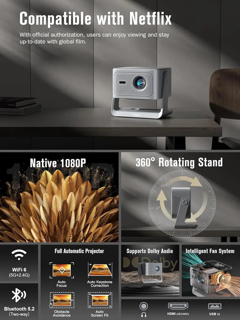 VISSPL 4K Smart Projector: Dolby Audio, Auto Focus, and Seamless WiFi/Bluetooth Integration