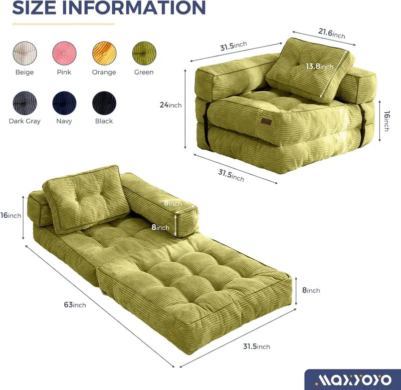 L-Shaped Folding Sofa Bed – Convertible Living Room Lounger with Armrests & Pillows