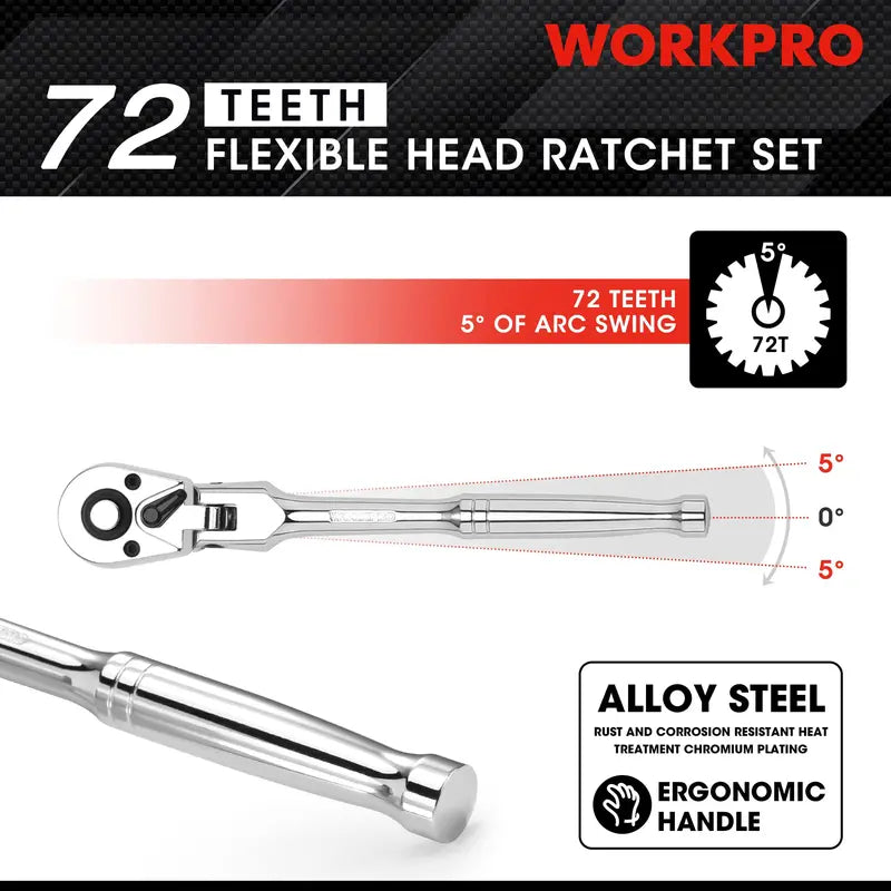WORKPRO Flex-Head Ratchet Set — 2 or 4-Piece, Multiple Drive Sizes Including Stubby Options