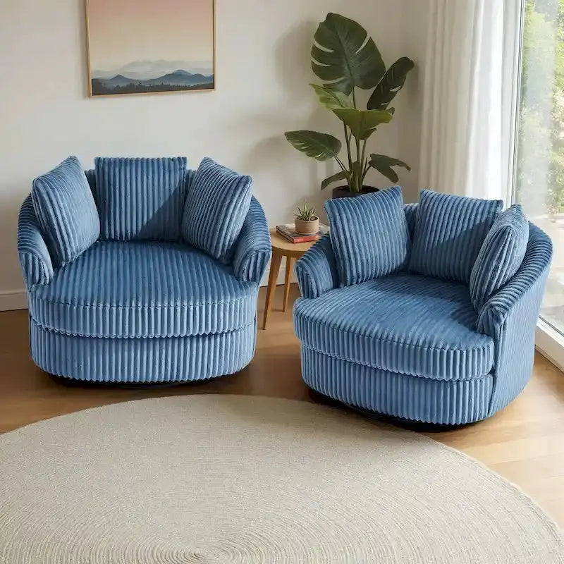 Oversized Corduroy Swivel Barrel Chair Set – 2-Piece Plush Seating with Decorative Pillows (43″W Each)