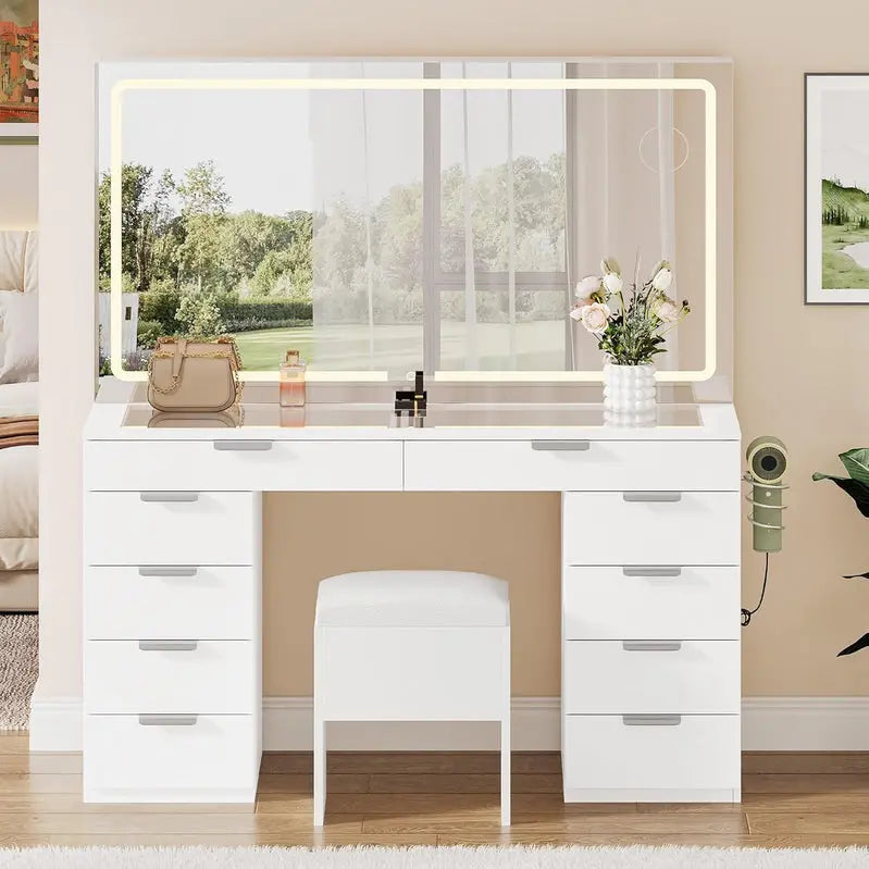 YITAHOME LED Vanity Desk Set – Modern 10-Drawer Dressing Table with Lighted Mirror & Matching Stool