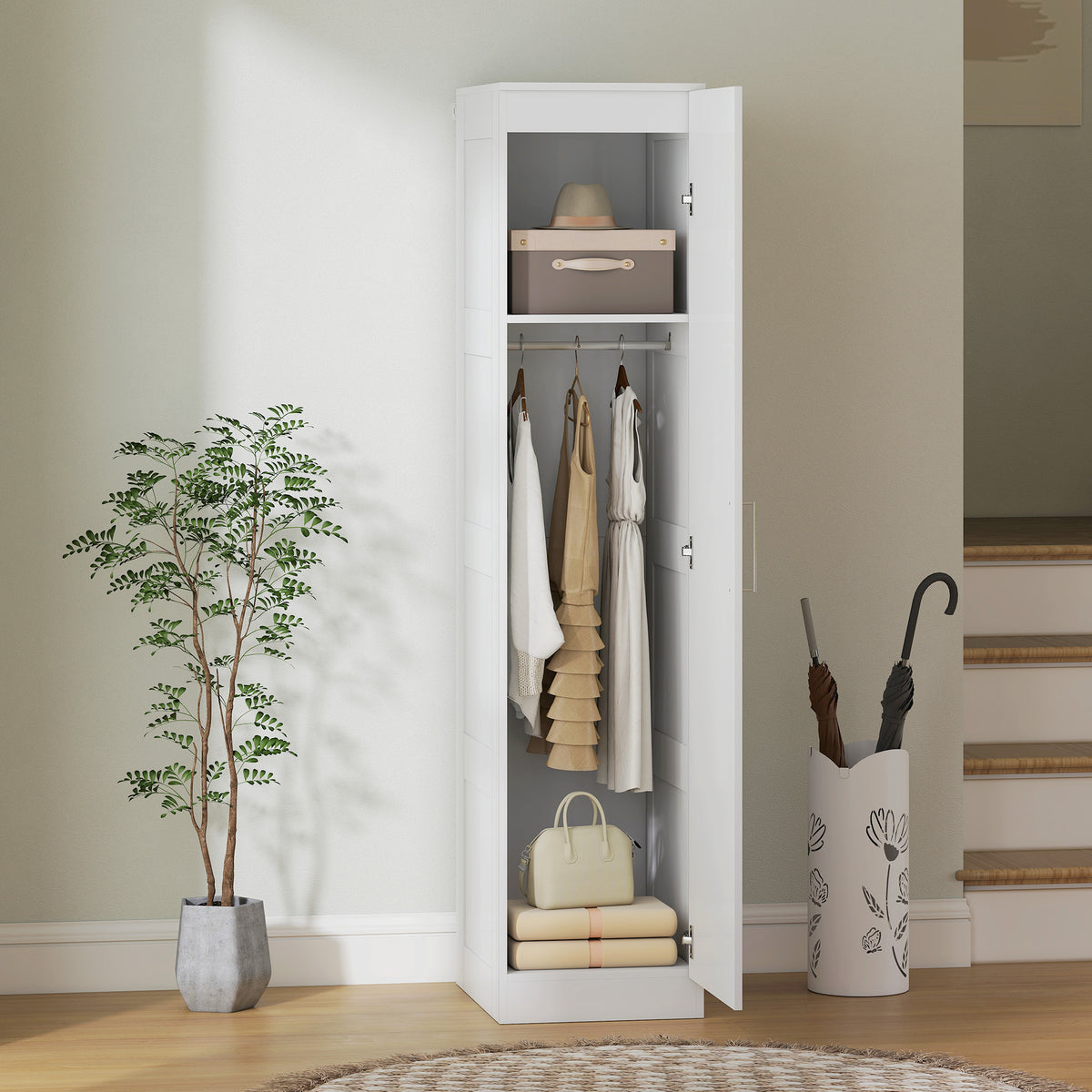 HOMCOM Kleiderschrank Mehrzweckschrank mit Kleiderstange, Regal, Soft-Close-Tür 40 x 52 x 180 cm Weiß