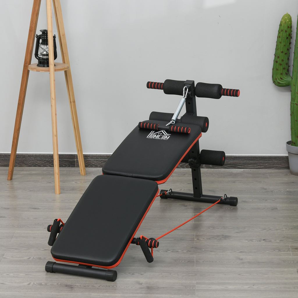 HOMCOM Sit Up Bank Bauchtrainer mit Trainingsseile Trainingsbank Multifunktion Verstellbar&klappbar 110 kg Belastbarkeit Stahl Schwarz+Rot 137 x 51 x 50-66 cm