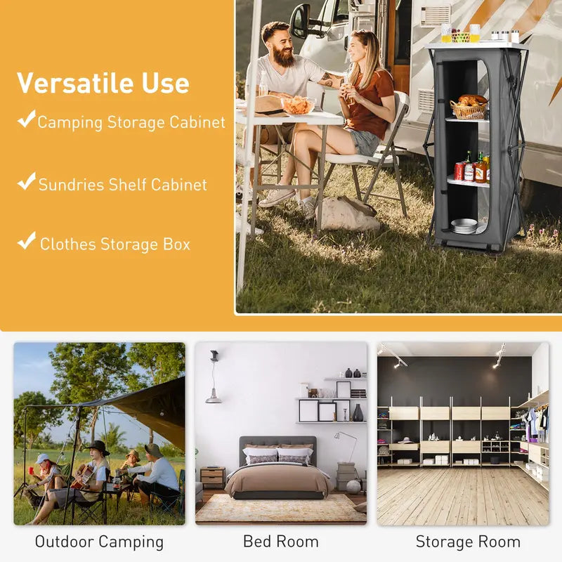 Pop-Up Camping Kitchen Station with Three-Tier Folding Storage Cabinet