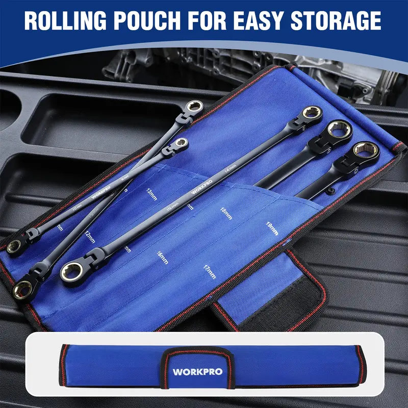 WORKPRO 5-Piece Extra-Long Flex-Head Ratcheting Wrench Set — Metric Sizes 8–19 mm, Rolling Pouch Included