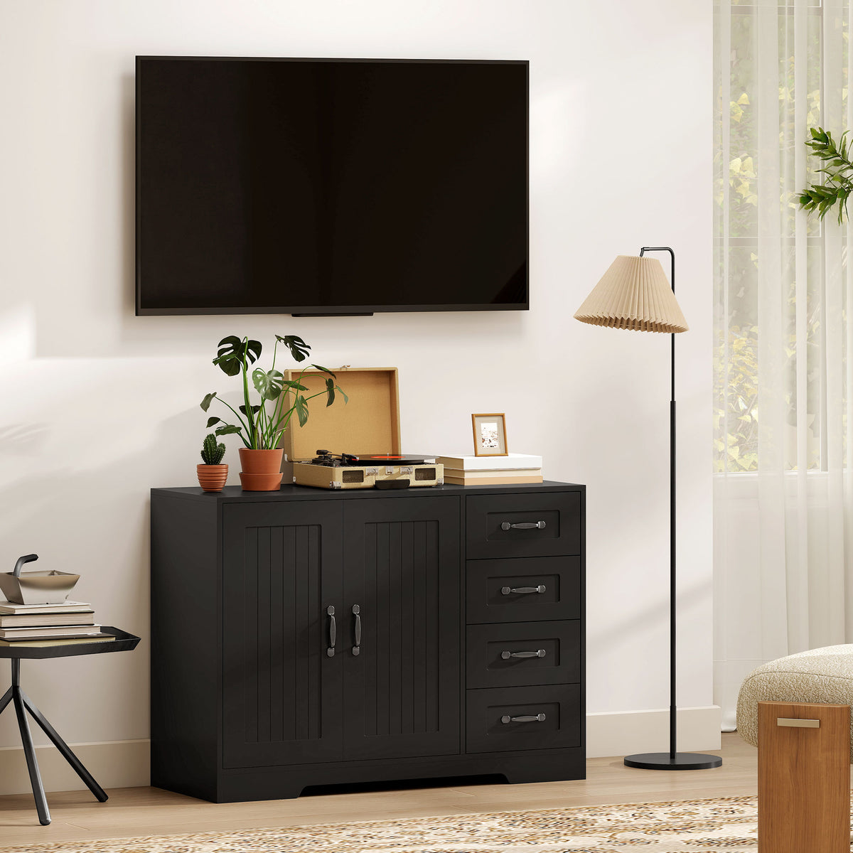 HOMCOM Sideboard, Kommode, moderner Stil, 4 Schubladen, 1 Schrank, 105 x 40 x 76 cm, Schwarz