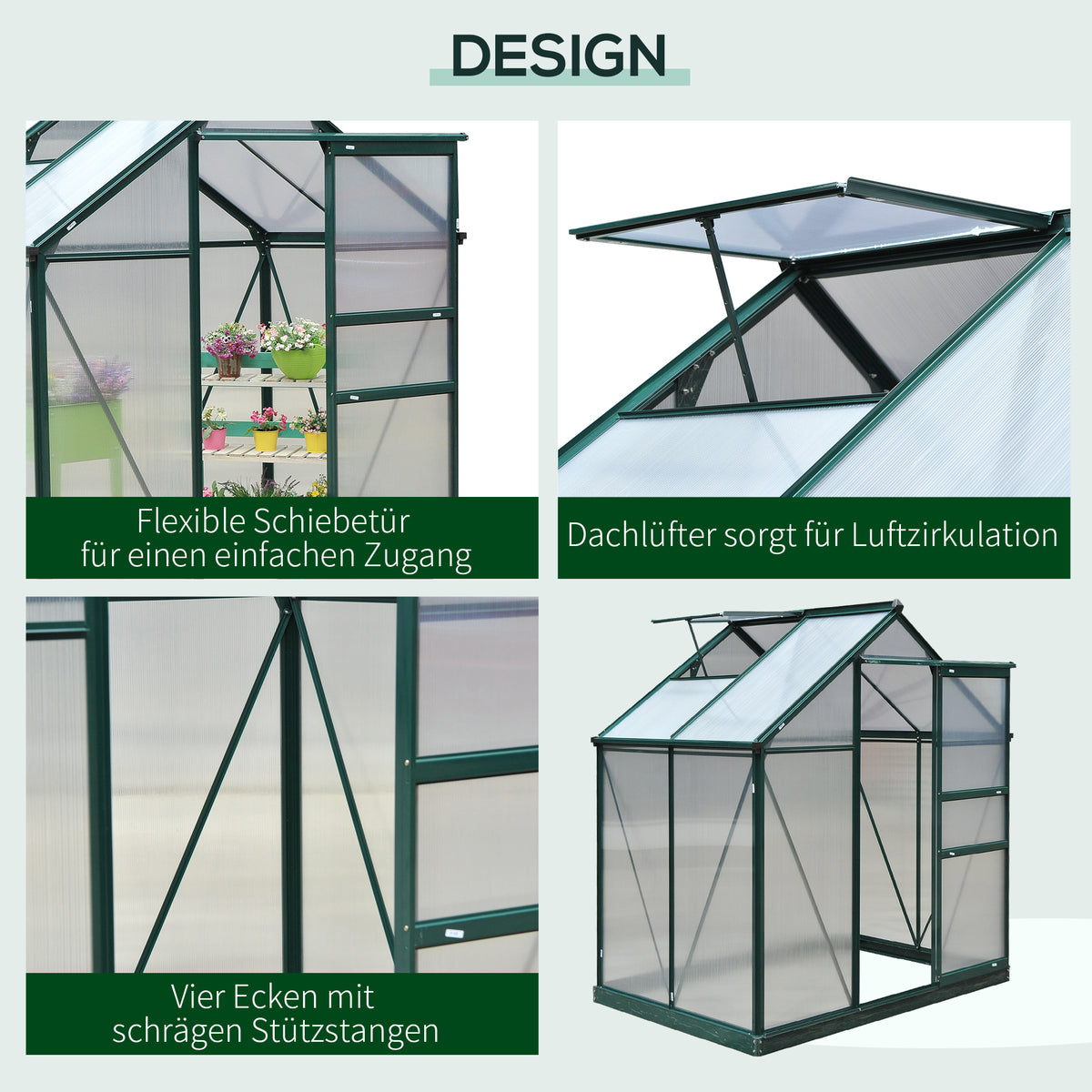 Outsunny Gewächshaus mit Dachfenster Aluminium Treibhaus 190 cm x 132 cm x 201 cm Grün + Transparent