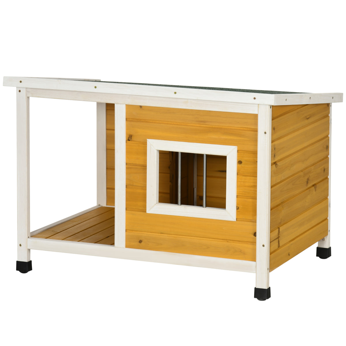 PawHut Hundehütte mit Veranda, aufklappbares Dach, Fenster, verstellbare Füße, Naturholz, orange, 85,5 x 62 x 60 cm