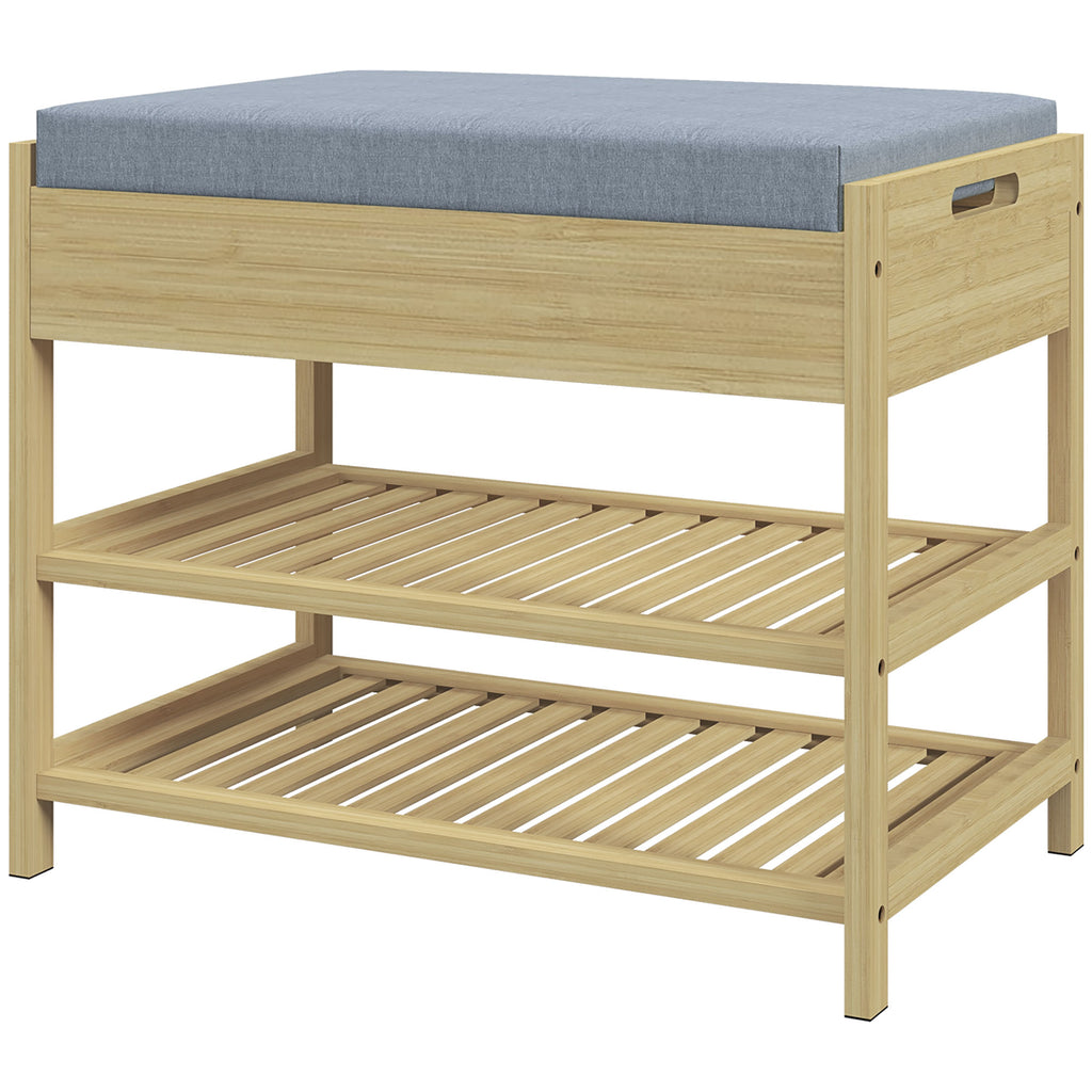 HOMCOM Schubank Schuhregal, 2 Ablagen, Sitzpolster, Bambus, 55 cm x 35 cm x 46 cm, Grau + Natur