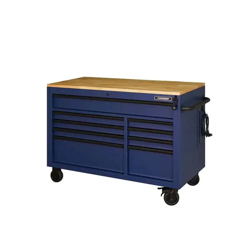 Heavy-Duty 52-Inch Mobile Workbench – 9-Drawer Unit with Adjustable Solid Wood Top in Matte Blue Finish