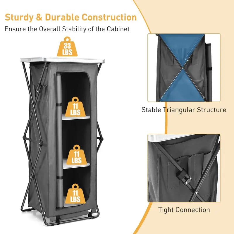 Pop-Up Camping Kitchen Station with Three-Tier Folding Storage Cabinet