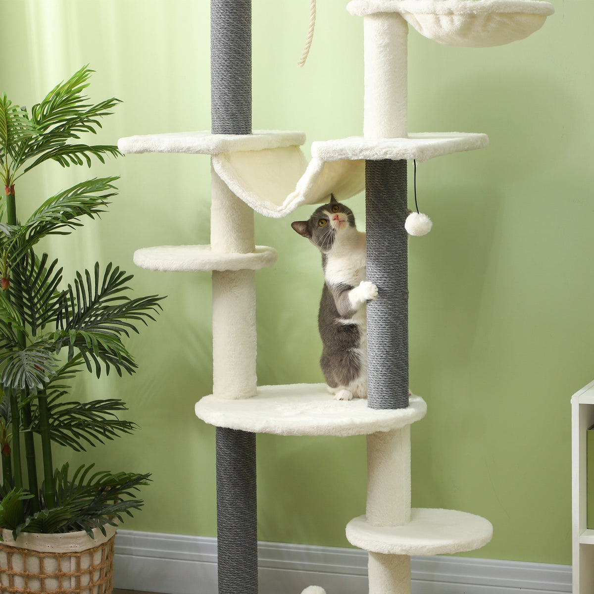 PawHut Kratzbaum, deckenhoch, verstellbar 225-255 cm, Plattformen & Hängematten, Kippschutz, Weiß