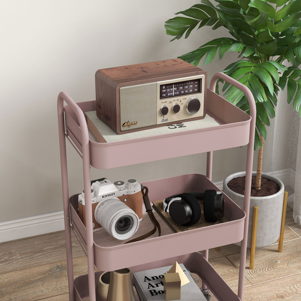 HOMCOM Küchenwagen mit 3 Ebenen, mit Griffen und 4 Rollen, aus Stahl, 45x30,6x79 cm, Rosa