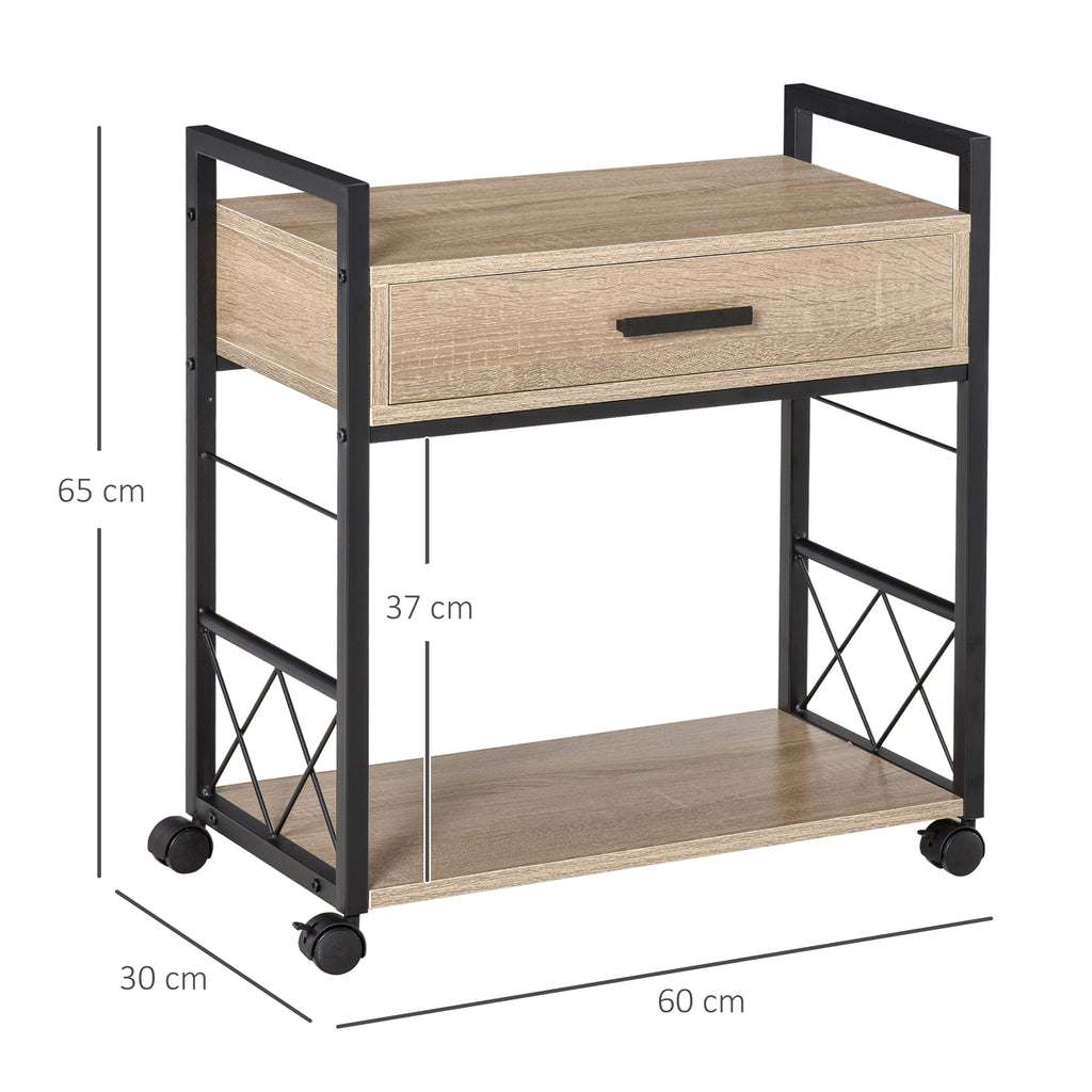 HOMCOM Beistelltisch Servierwagen mit Rädern Küchenwagen Kaffeetisch mit Schublade Ablage Sideboard beweglich Spanplatte Natur 60 x 30 x 65 cm