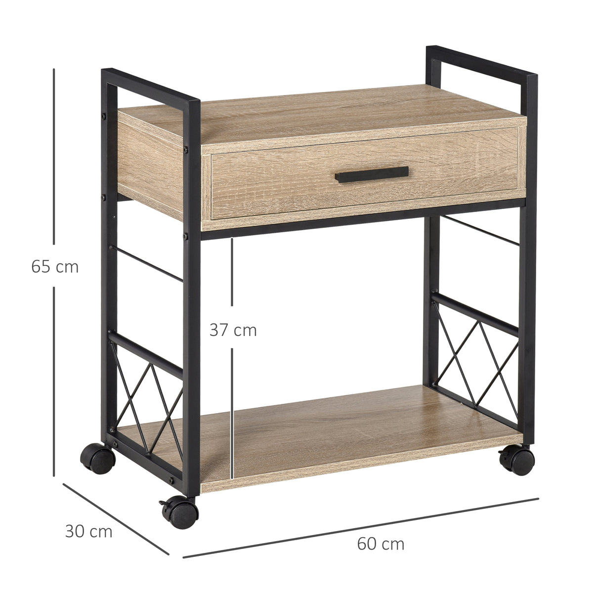 HOMCOM Beistelltisch Servierwagen mit Rädern Küchenwagen Kaffeetisch mit Schublade Ablage Sideboard beweglich Spanplatte Natur 60 x 30 x 65 cm