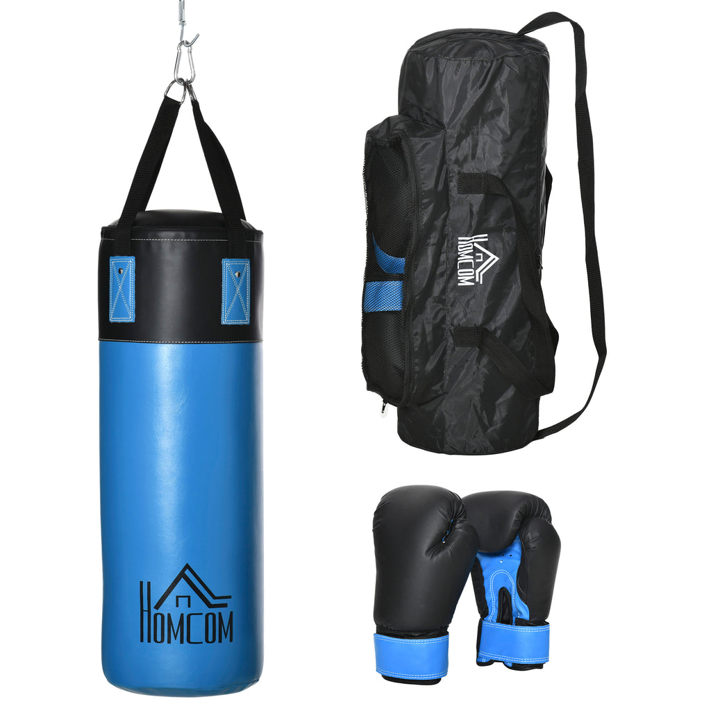 HOMCOM Boxsack-Set Box-Set mit Boxhandschuhen Gefüllt Boxset für Erwachsene Jugendlichen bis 100 KG Belastbar Ø25 x 102 cm Blau