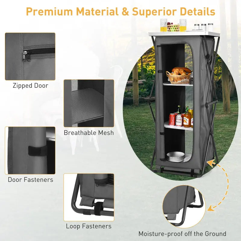 Pop-Up Camping Kitchen Station with Three-Tier Folding Storage Cabinet