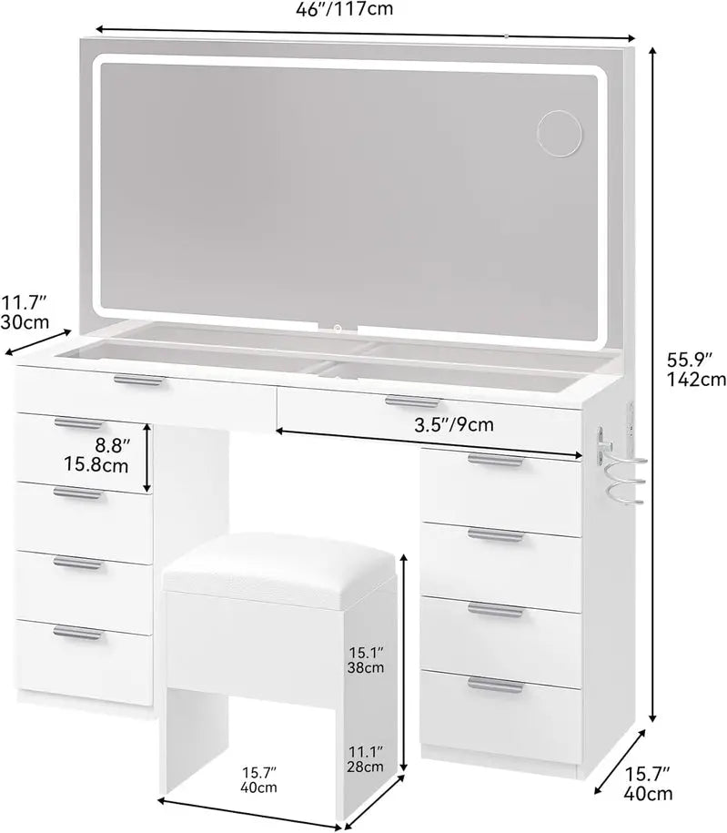 YITAHOME LED Vanity Desk Set – Modern 10-Drawer Dressing Table with Lighted Mirror & Matching Stool