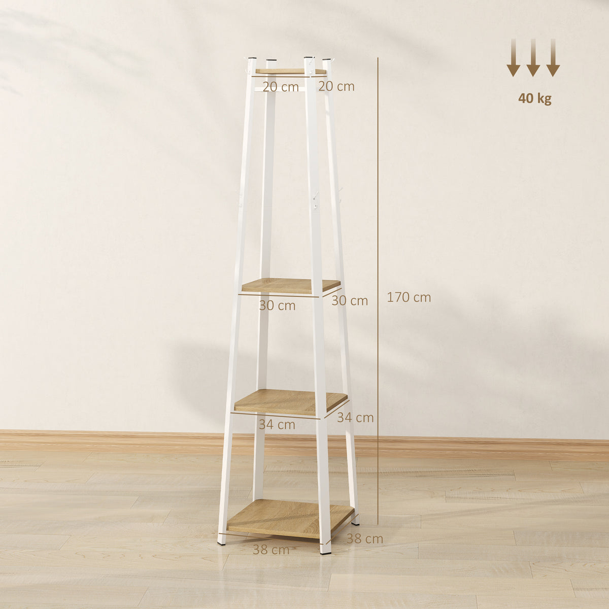 HOMCOM Kleiderständer, Trapez-Design, dreistufig, 8 Doppelhaken, Stahll, Weiß+Eiche