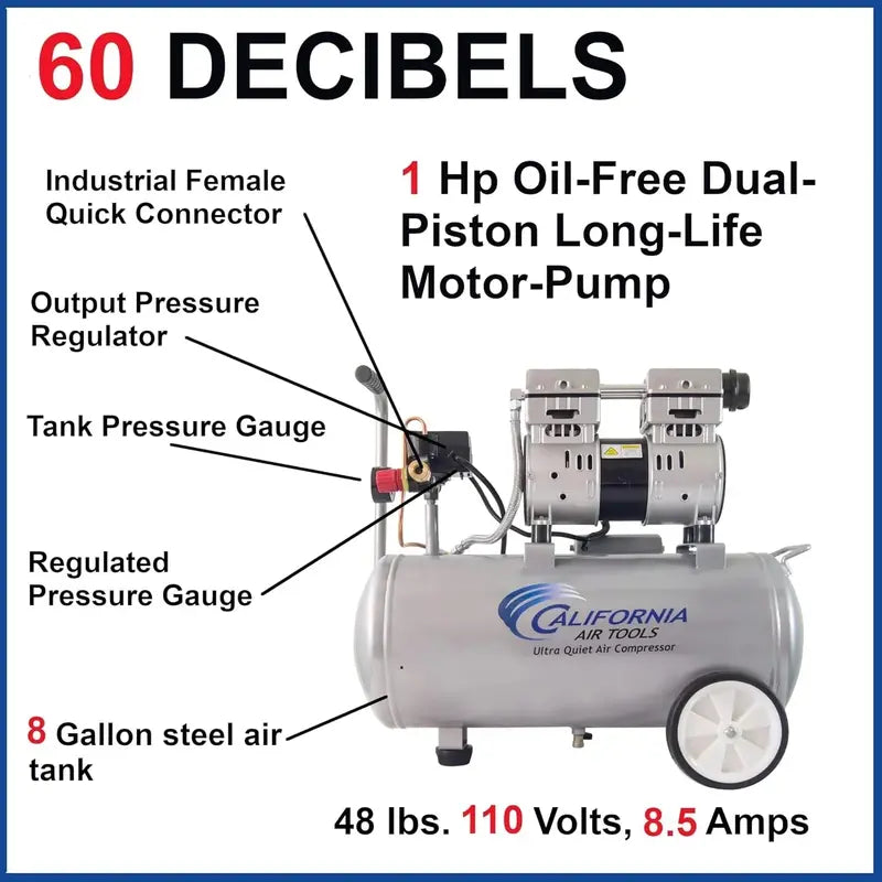 Oil-Free 8-Gallon Air Compressor – Ultra-Quiet 60 dB, 1.0 HP, 120 PSI