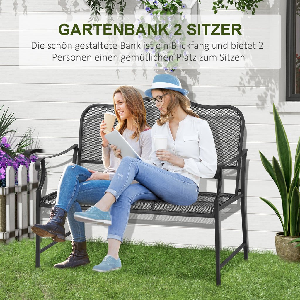 Outsunny Nostalgische Gartenbank aus Metall,  2-Sitzer, wetterbeständig, schwarz, 113 cm x 58 cm x 98 cm