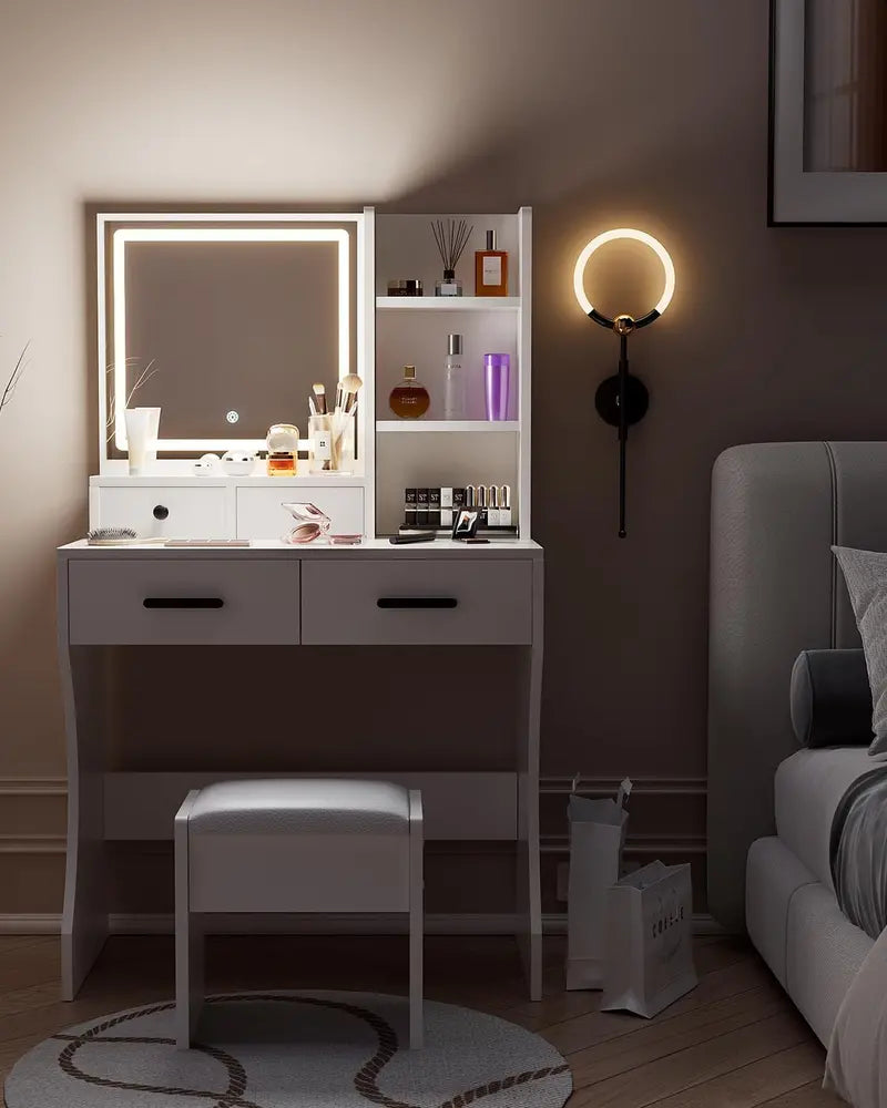 Illuminated Makeup Vanity Table with Oversized Mirror & LED Lights – 80cm Dressing Desk with Matching Stool