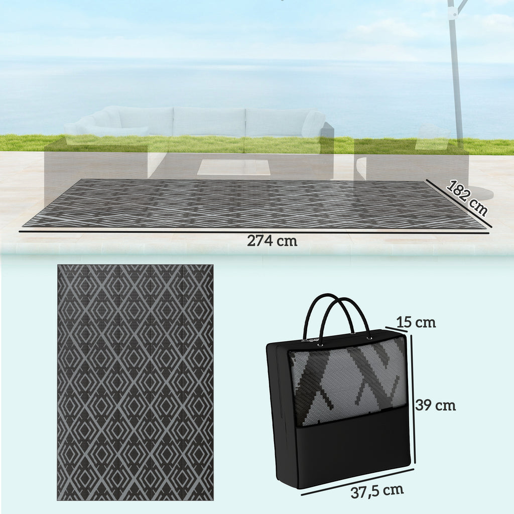 Outsunny Wendeteppich für den Außenbereich 1,8 x 2,7 m, aus wetterfestem PP-Material, inkl. Tragetasche, Schwarz und Grau